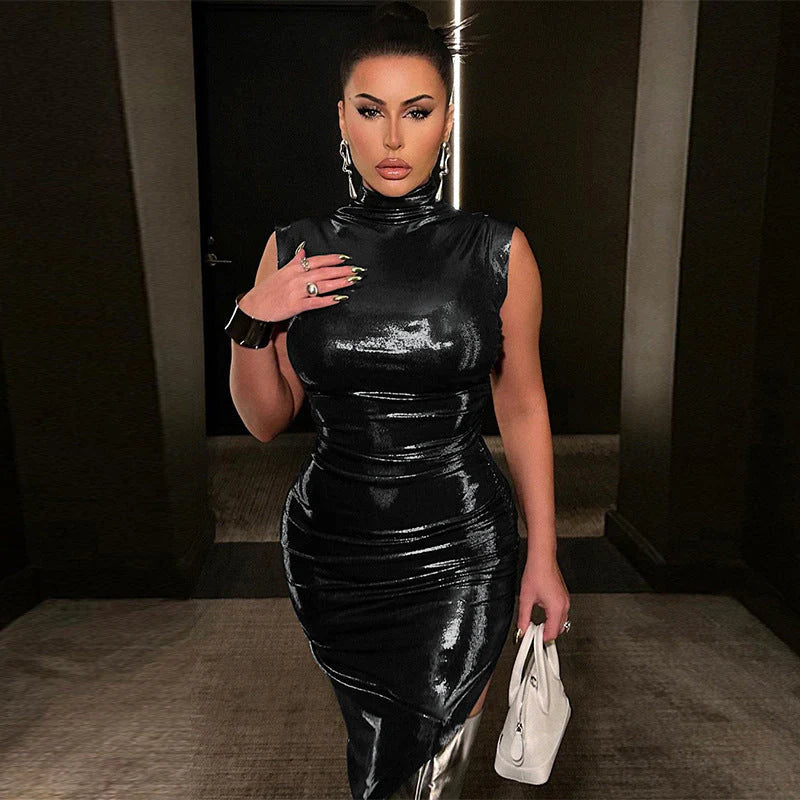 Solid Color Faux Leather Slim Pleated Sleeveless Dress