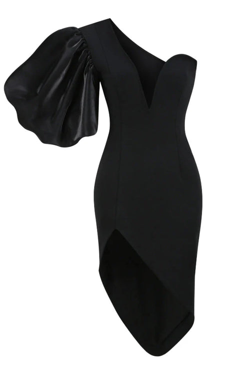 Black Puff Sleeve Asymmetric Midi Dress